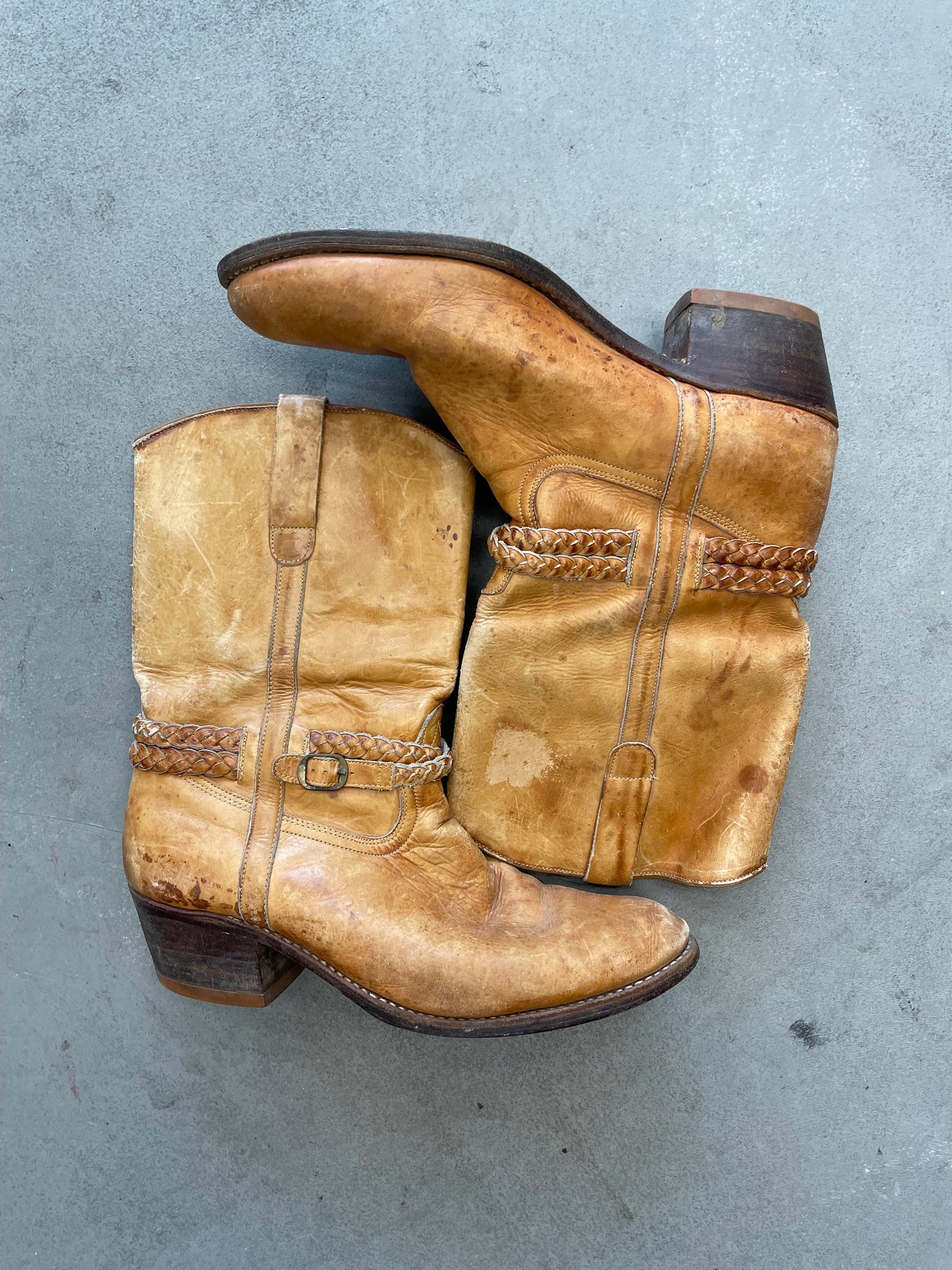 1980s Light Brown Leather Cowboy Boots – Braided Harness, Worn Patina
