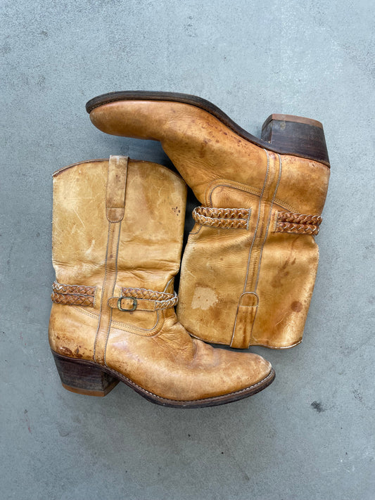 1980s Light Brown Leather Cowboy Boots – Braided Harness, Worn Patina