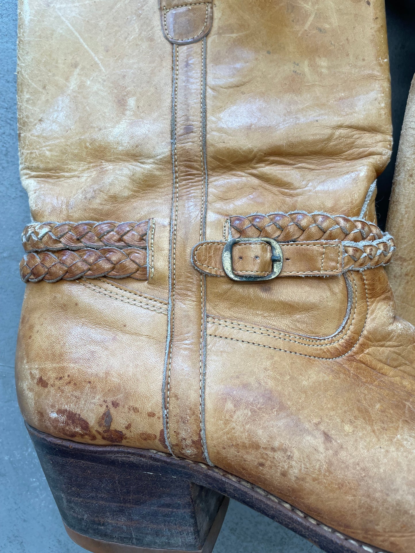 1980s Light Brown Leather Cowboy Boots – Braided Harness, Worn Patina