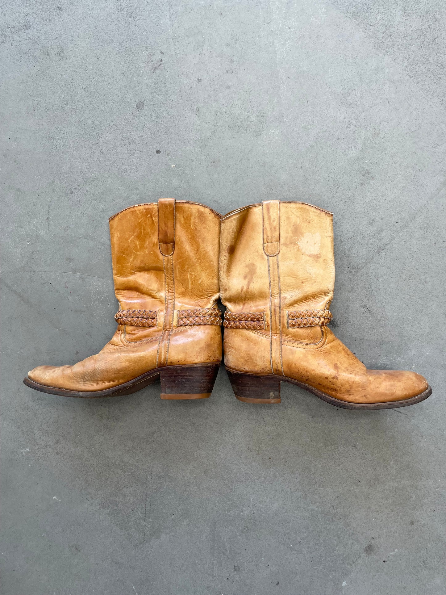 1980s Light Brown Leather Cowboy Boots – Braided Harness, Worn Patina