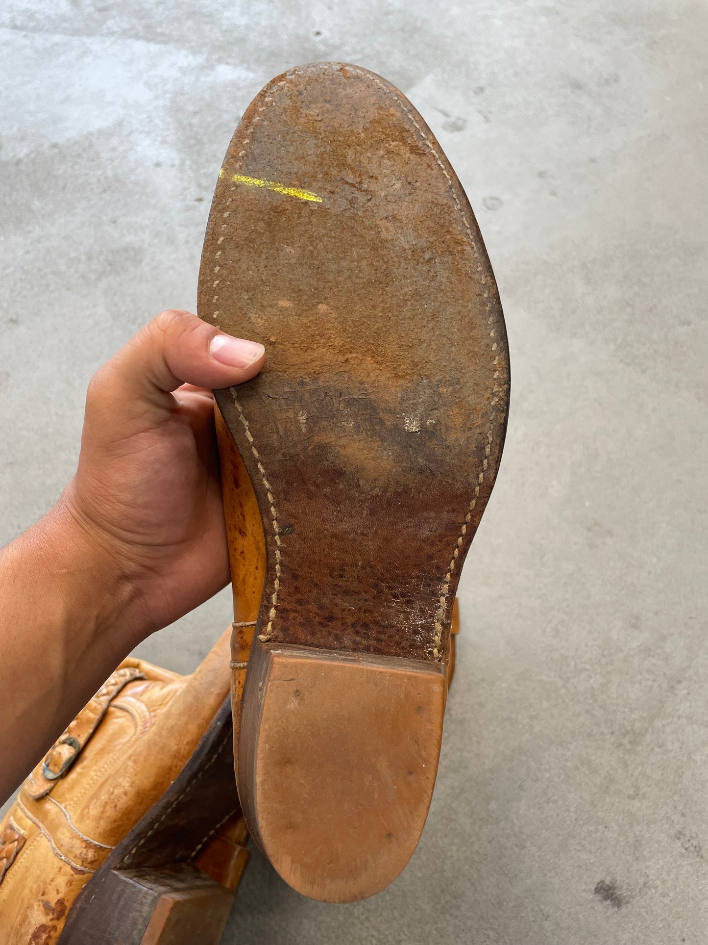 1980s Light Brown Leather Cowboy Boots – Braided Harness, Worn Patina