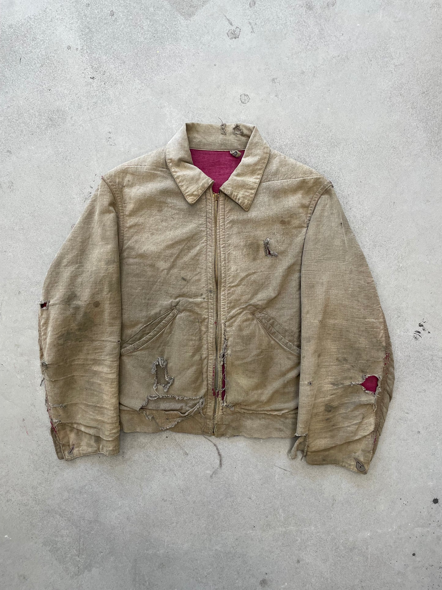 1940s Salt n Pepper Work Jacket Distressed Patina Magenta Lining