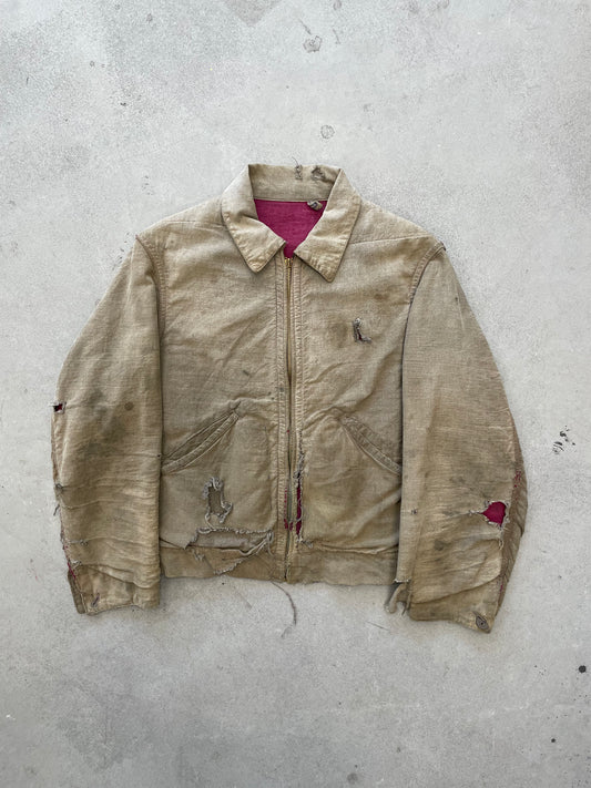 1940s Salt n Pepper Work Jacket Distressed Patina Magenta Lining