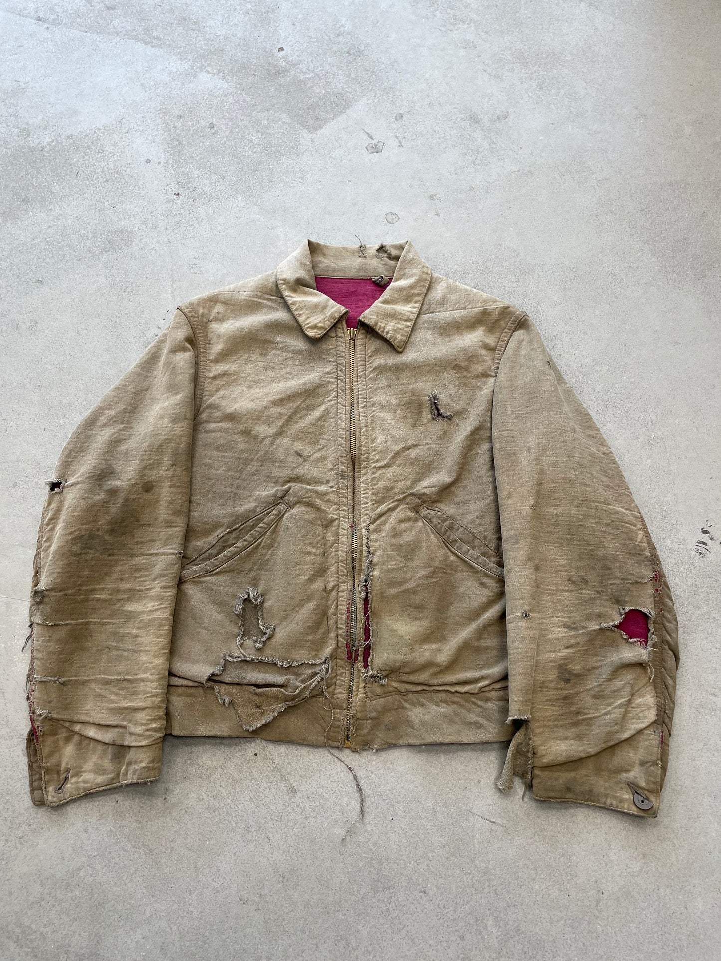 1940s Salt n Pepper Work Jacket Distressed Patina Magenta Lining
