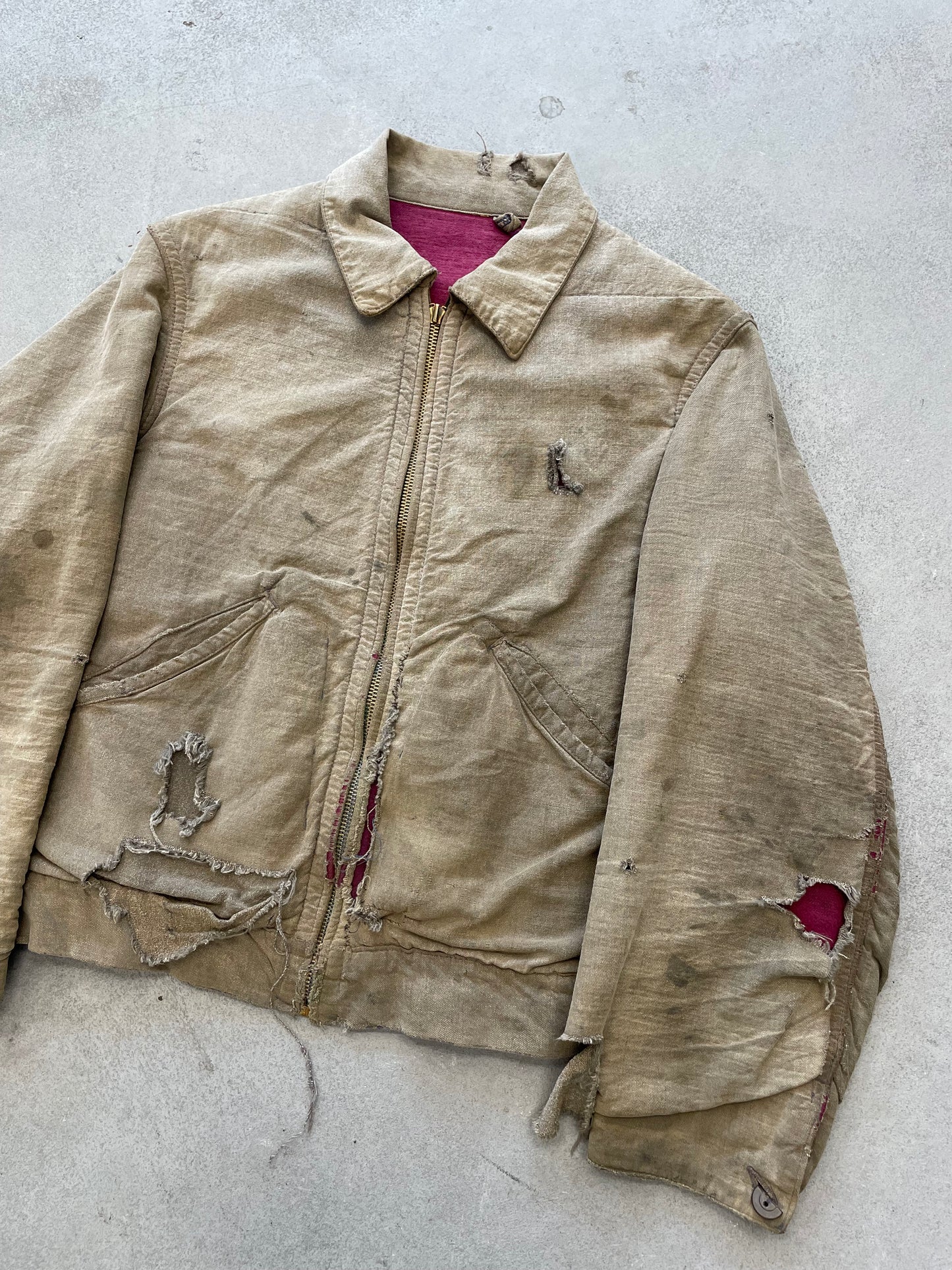 1940s Salt n Pepper Work Jacket Distressed Patina Magenta Lining