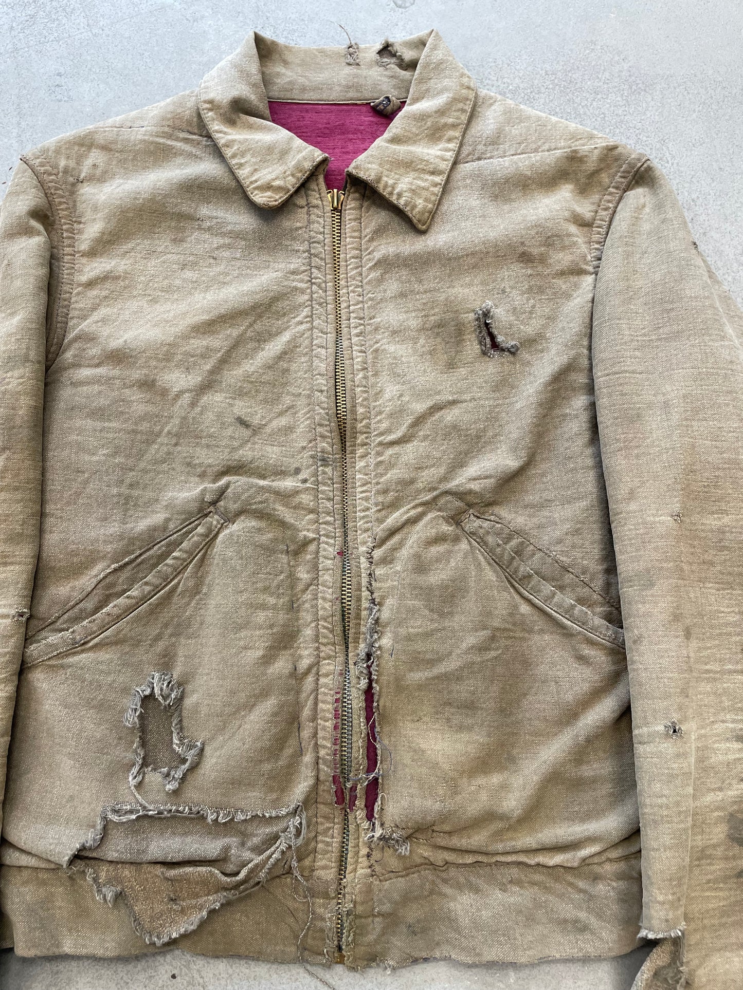 1940s Salt n Pepper Work Jacket Distressed Patina Magenta Lining