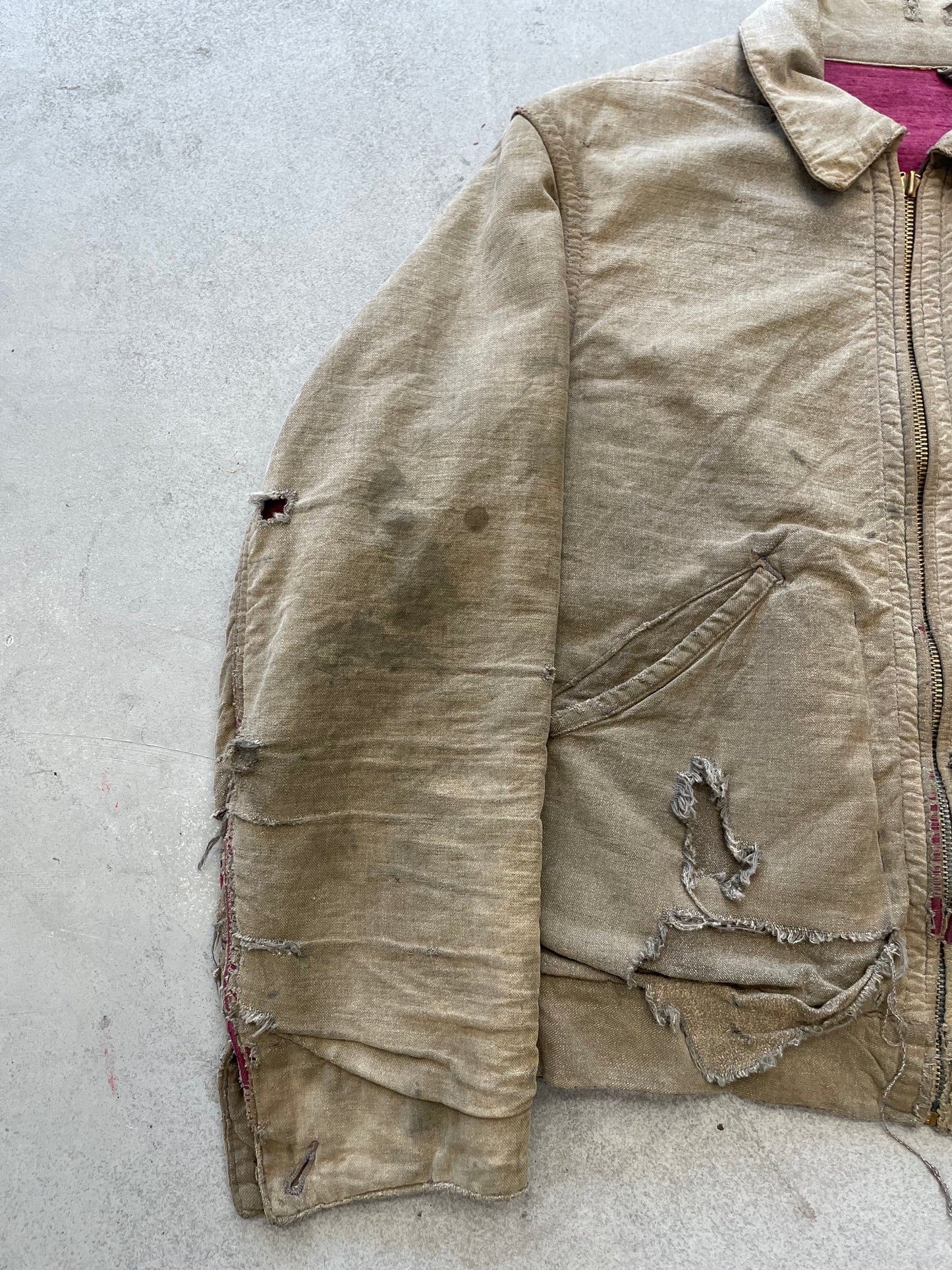 1940s Salt n Pepper Work Jacket Distressed Patina Magenta Lining