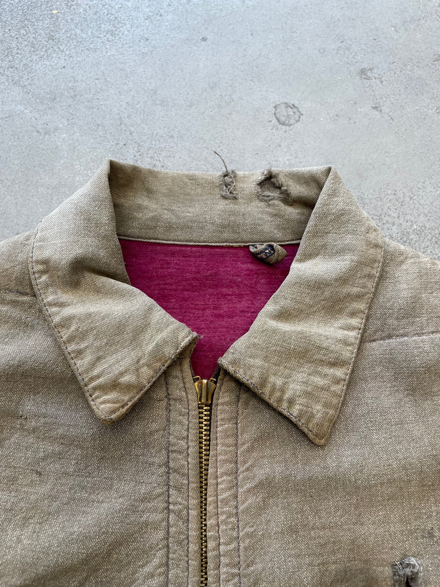 1940s Salt n Pepper Work Jacket Distressed Patina Magenta Lining