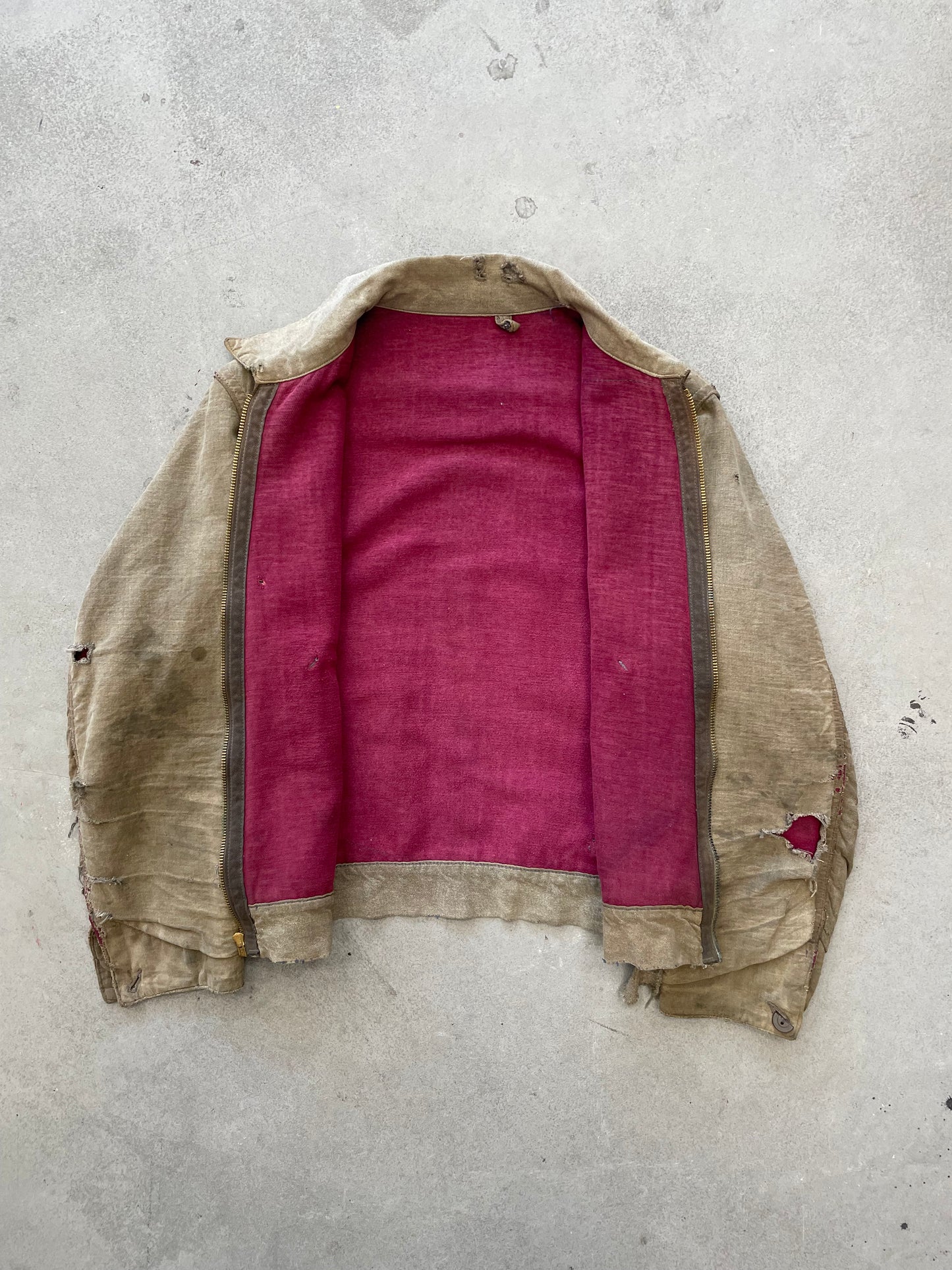 1940s Salt n Pepper Work Jacket Distressed Patina Magenta Lining