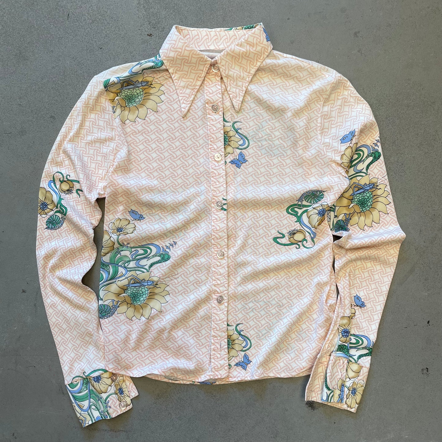 1970s Floral Print Silk Button Down Shirt