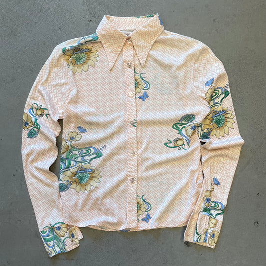 1970s Floral Print Silk Button Down Shirt